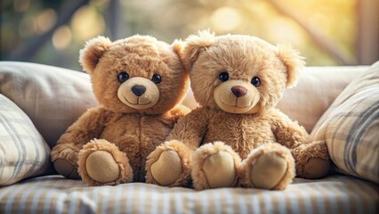 Two adorable teddy bears cuddled together on a soft cushion, their button eyes gazing up at the camera with sweet affection, homely atmosphere, adorable
