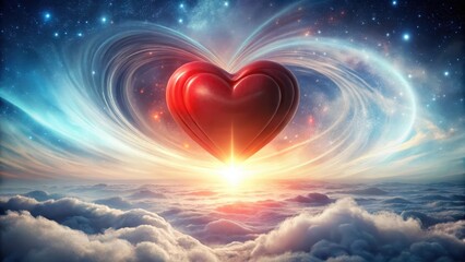 Fototapeta premium A vibrant red heart made of swirling clouds and mist on a soft white abstract background, surrounded by gentle waves and subtle starlight, celestial element, cloud