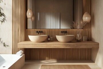 Modern Minimalist Bathroom Featuring Double Stone Sinks