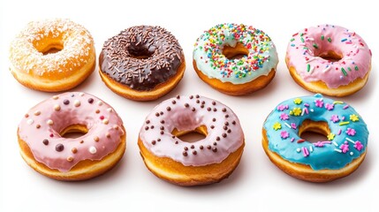 Colorful assortment of donuts with various toppings arranged beautifully on a white background