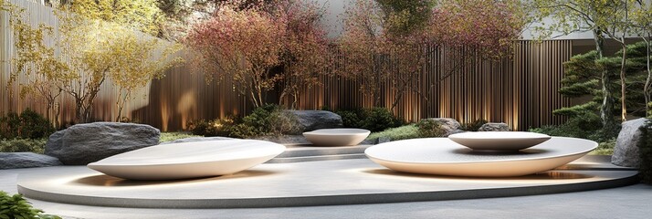 Fototapeta premium Geometric Harmony: Abstract Outdoor Architectural Plaza with Creative 3D Elements. Fusion of Nature and Modern Design in Open Space. High-End AI-Generated Background for Marketing, Posters, and Digita