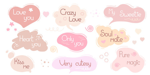 Romantic set of pastel colored speech bubbles featuring handwritten love themed phrases. Decorated with hearts, flowers, and swirls, perfect for Valentine s Day cards, romantic designs, social media
