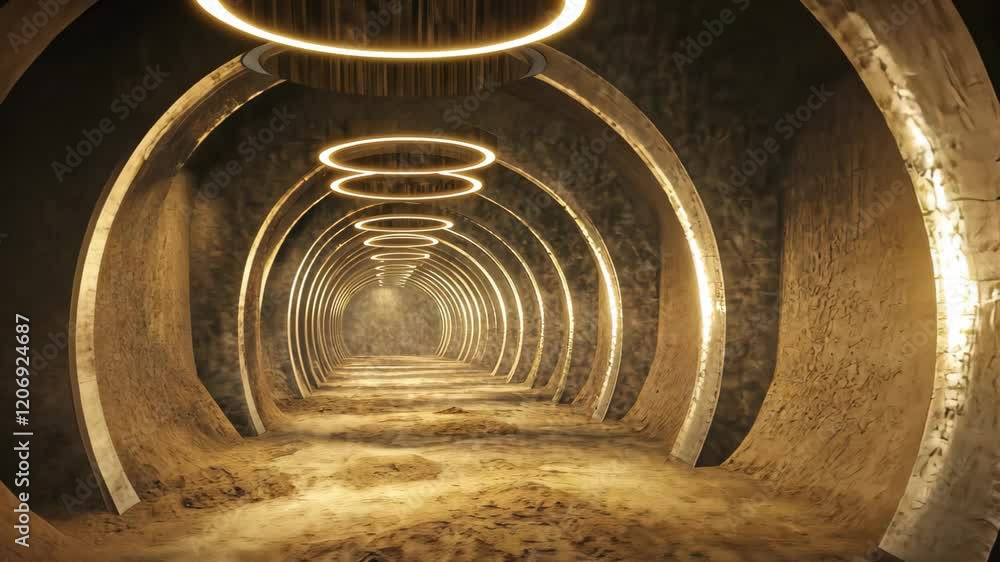 Poster tunnel with circular lights illuminating a dusty floor in a modern underground space, 3d tunnel with