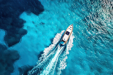 Luxury private big motor yacht in tropical sea with soft blue wave, abstract vivid composition consists of fictional unreal fantastic vision on background