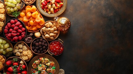 Fototapeta premium Delicious Feast: A Vibrant Spread of Fruits, Sweets, and Snacks