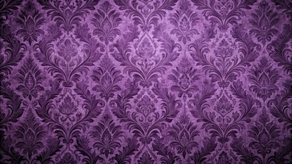 Rich, velvety fabric with intricate purple damask pattern featuring a subtle sheen and soft texture in a muted tone background