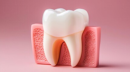 Obraz premium A realistic model of a healthy tooth and gum on a pastel pink background. Tooth pain anatomy concept