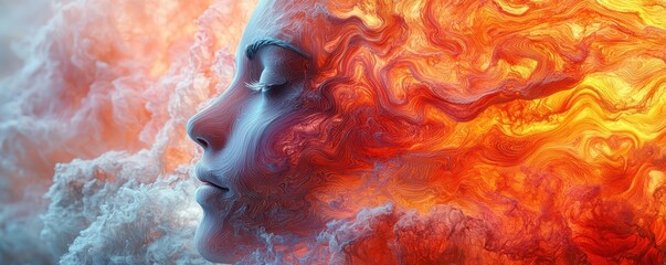 Obraz premium Ethereal Woman with Fiery Hair Surrounded by Colorful Clouds