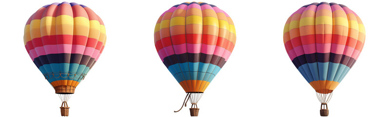 Fototapeta premium set of A vibrant hot air balloon with multicolored panels in a striped pattern, featuring a woven basket and ropes, isolated on a transparent background