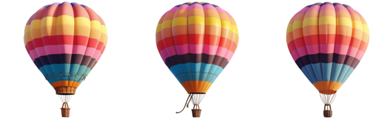  set of A vibrant hot air balloon with multicolored panels in a striped pattern, featuring a woven basket and ropes, isolated on a transparent background