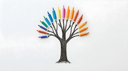 Colorful Crayons Forming Tree Shape on White Background, Generative AI.