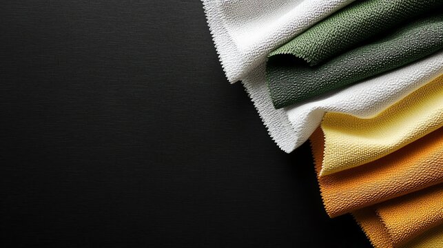 Colorful fabric swatches arranged on a dark background, showcasing various textures and hues ideal for design inspirations.