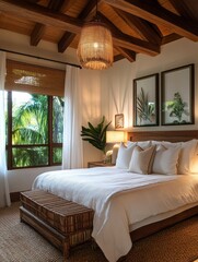 Fototapeta premium Serene Tropical Bedroom With Wooden Beams And Natural Decor