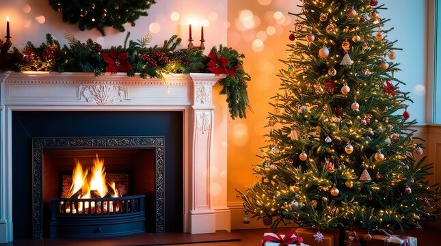 Festive Fireplace, Winter Wonderland, Gift Giving Magic, Cozy Christmas Eve, Holiday Glow, Yuletide Joy, Warm Winter Nights, Christmas Magic, high resolution 300 dpi image