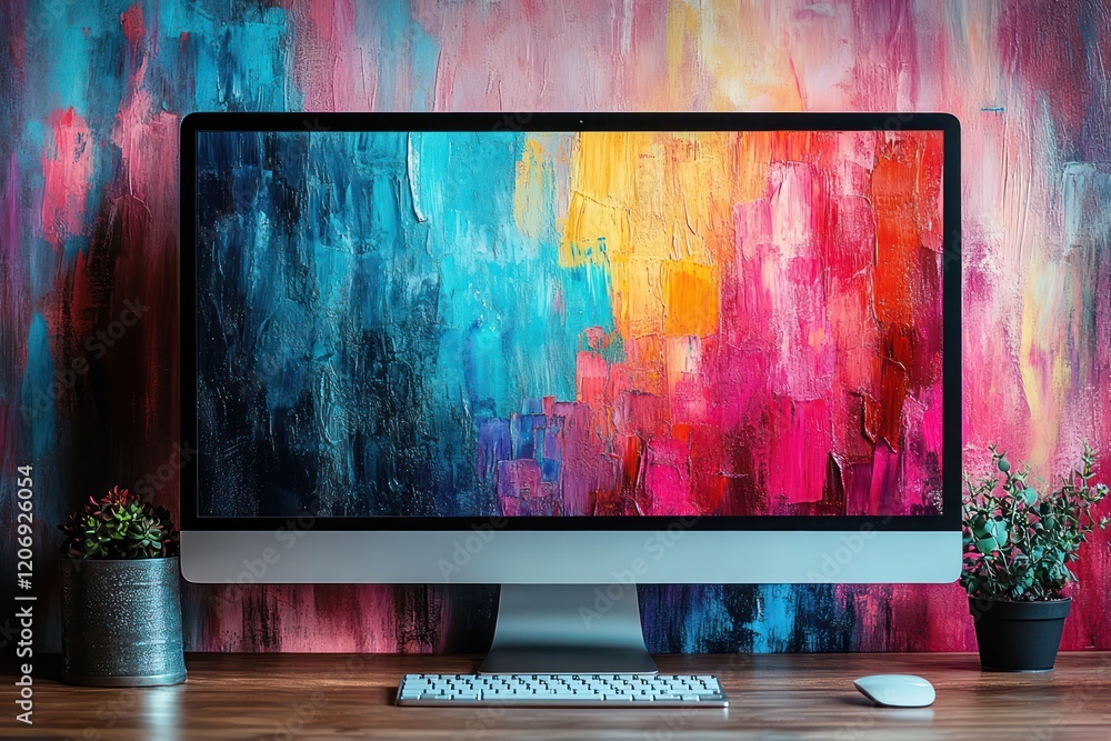 Poster vibrant abstract art displayed on a modern desktop computer