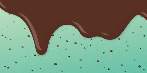 Melt chocolate pouring on mint chocolate chip ice cream texture background graphic illustration.