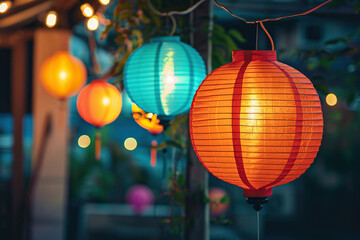 Fototapeta premium Beautiful holiday composition for happy celebrate chinese festival of lanterns, abstract vivid composition consists of fictional unreal fantastic vision on background