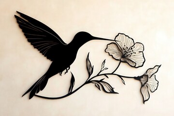 A minimalist wall art in black metal featuring a hollow silhouette of a hummingbird feeding on a flower. 