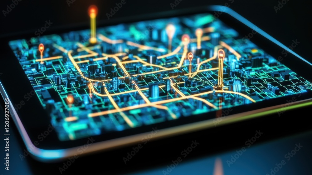 Aufkleber digital map interface with navigation points displayed on a tablet, showcasing urban areas with brig