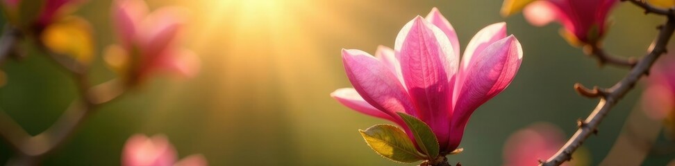 A stunning pink magnolia blooms in the sunlight filtering through leaves, pink, light, leaf