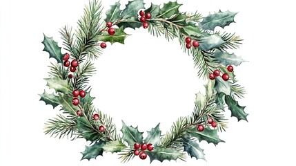 A festive wreath ornament, holiday decor, realistic design, green and red, isolated on white background