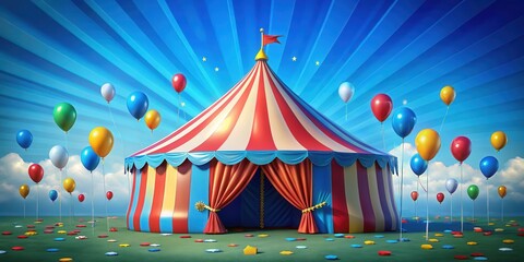 Fototapeta premium A blue circus tent with bright red and yellow stripes and a white big top, surrounded by colorful balloons and streamers, celebratory atmosphere , party decorations