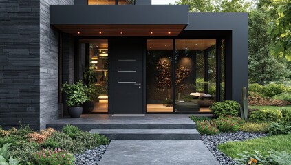 Modern house entrance with a black front door and stylish facade, contemporary and sleek