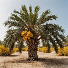 A Senegal date palm tree with multiple trunks and bright yellow fruits, on a plain white background.
