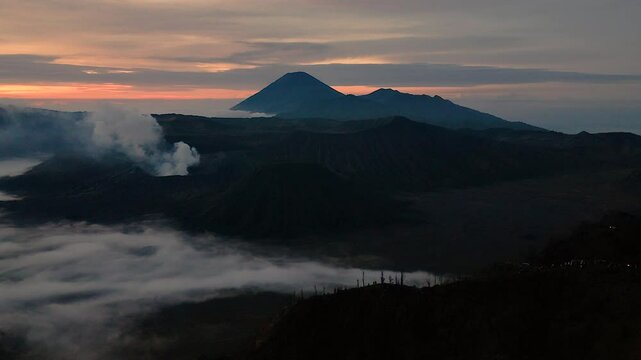 active, adventure, aerial landscape, aerial view, asia, bromo, bromo volcano, cloud, cloudy, destination, drone, east java, eruption, fog, hiking, indonesia, island, java, landmark, landscape, light, 