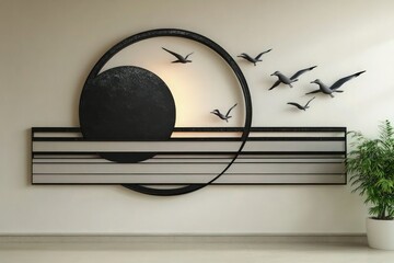 A modern wall art piece with a large, circular black metal sun and abstract seagulls framed in Formica metal shapes. 