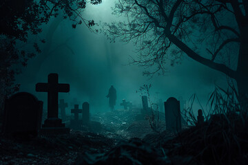 Scary sinister zombie wandering in street with dramatic lighting on Halloween, abstract vivid composition consists of fictional unreal fantastic vision on background