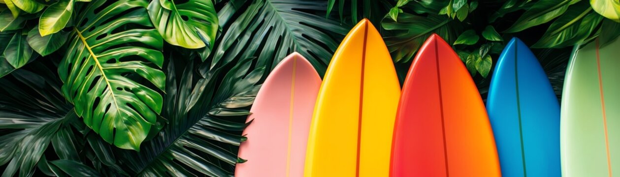 Vibrant surfboards lined against lush tropical leaves, symbolizing adventure, relaxation, and the joy of ocean activities.