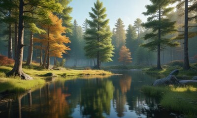 Obraz premium A tranquil forest scene with a small lake and surrounding trees , lake, trees, peaceful