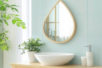 A uniquely crafted tear-shaped mirror with a light oak wood frame, featuring a bright, airy bathroom with a pale blue accent wall, a white ceramic sink, and a pop of greenery .
