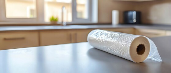 A roll of kitchen wrap sits on a countertop, ready for use in food preparation and preservation.
