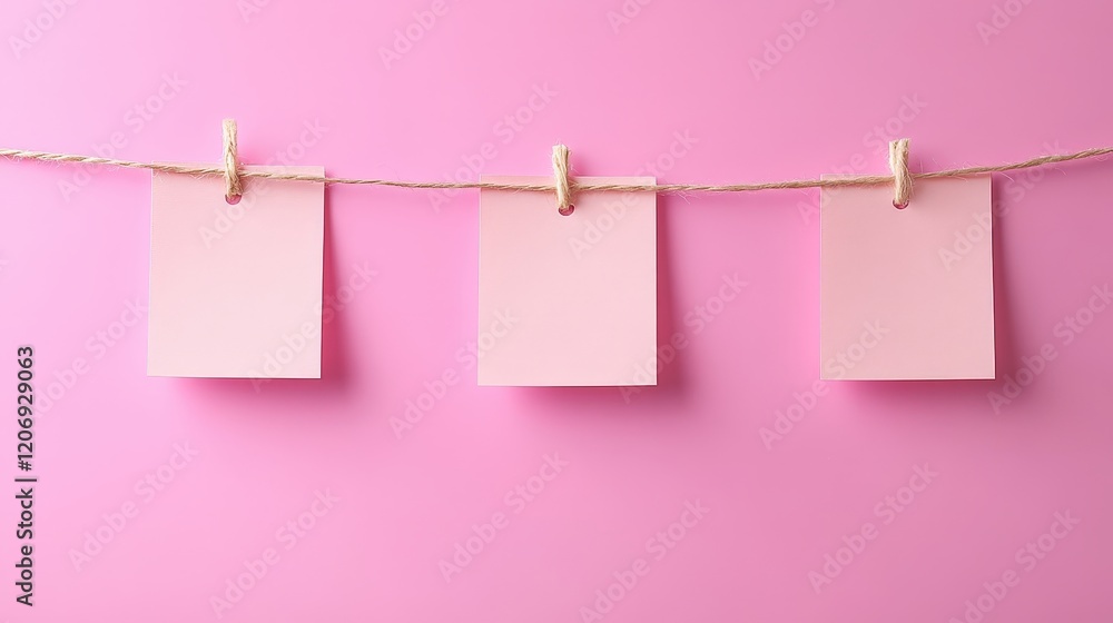 Poster collection of blank notes hanging on a string against a pink background for creative and organizatio