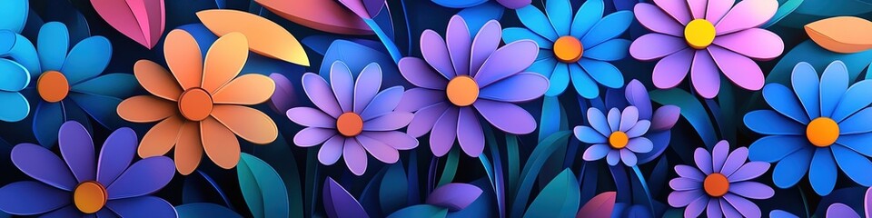 Obraz premium Vibrant Paper-Cut Floral Abstraction: 3D Modeled Spring Blossoms in Rainbow Hues. Fresh Nature-Inspired Design for Marketing, Decorative Art, and Digital Wallpapers. AI-Generated Creative Pattern for 