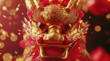 Fototapeta premium Majestic Red and Gold Dragon Statue Captured in Vibrant Colors with Intricate Details and Ornate Coning Evoking Mystical and Regal Themes