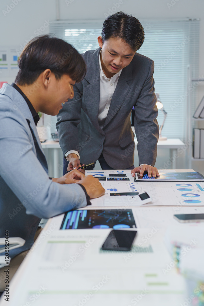 Poster two asian business people are discussing over financial charts and statistics spread out on a desk i