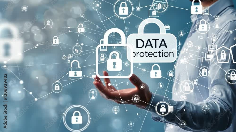 Poster data protection: a man holds a virtual lock and key symbol with the words 