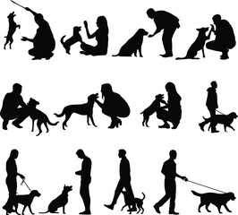Set of people playing with dog silhouette illustration