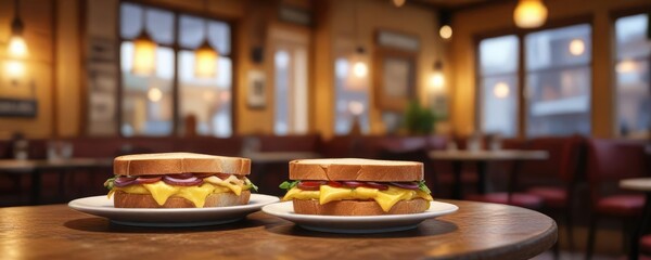 A warm and inviting atmosphere in a cozy caf? with a cheese sandwich on the table, soft focus , wooden furniture, dining area