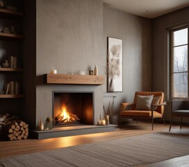 A warm and inviting fireplace with a cup of coffee, wooden furniture, peaceful ambiance , comfortable seating