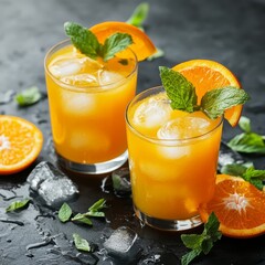 Two refreshing orange juice drinks with ice and mint.