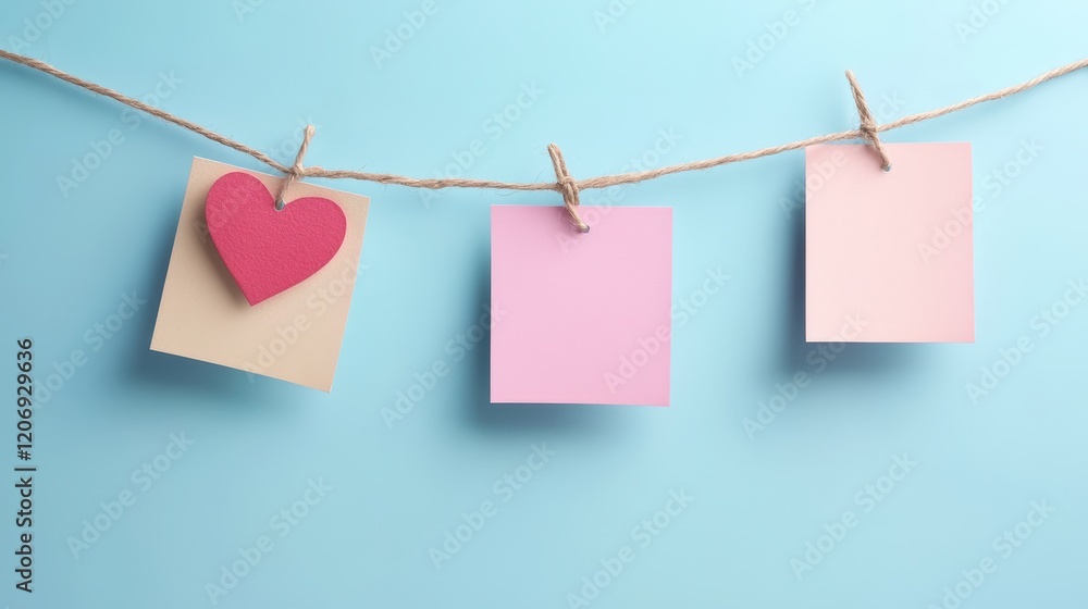 Poster set of blank notes held on a string with colorful heart-shaped note against a light blue background 