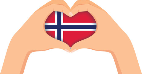 Norway independence day illustration. Hands forming a heart shape with the flag inside.
