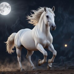 Naklejka premium A white horse is seen running freely under a full moon with its mane flowing in the wind, natural light, unbridled, motion