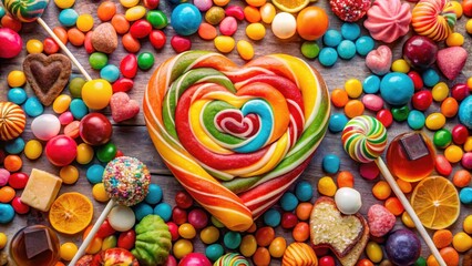 Fototapeta premium A heart-shaped lollipop sitting on a colorful table with other sweets and candies around it, colorful table, dessert display