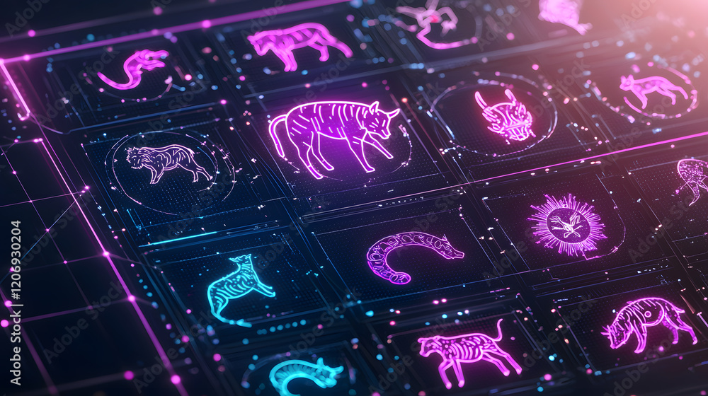Poster futuristic neon animal symbols digital interface graphic art high-tech environment close-up view vis