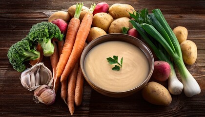 An assortment of fresh vegetables and potatoes alongside a bowl of creamy soup, placed on a rustic wooden table, creating a wholesome and inviting meal setting.

